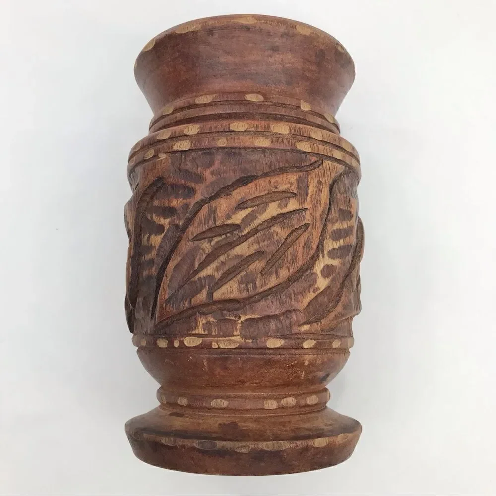 Wood Hand Carved Brown Turned Pedestal  Vase
